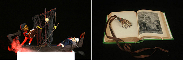 左图：丹尼尔·麦克唐纳、《十字路口》（作品进行中）、2010 、综合媒介、尺寸可变。右图：丹尼尔•麦克唐纳、《猴爪》、2005、黄铜、玻璃、貂皮、塑料、缎子、猴爪、尺寸可变。