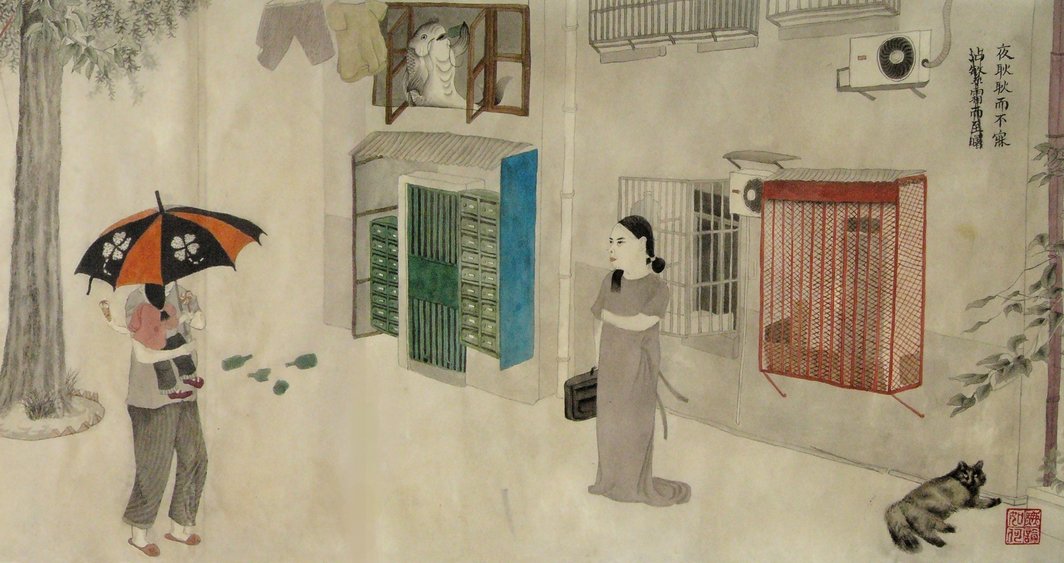 王韬程、《浪漫的人》局部、2009、手卷、安徽熟宣、中国墨水、中国画颜料、铅笔、 700 x 33 cm。