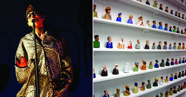 左图：瑞秋-梅森 ，《大使之歌》中的《蒙博托》演出现场，2004-。迈阿密NADA艺术博览会，2007。摄影：Matthew Spiegelman。右图：瑞秋-梅森 ，《大使之歌》（局部），2004-综合媒介，尺寸不定。展览现场。