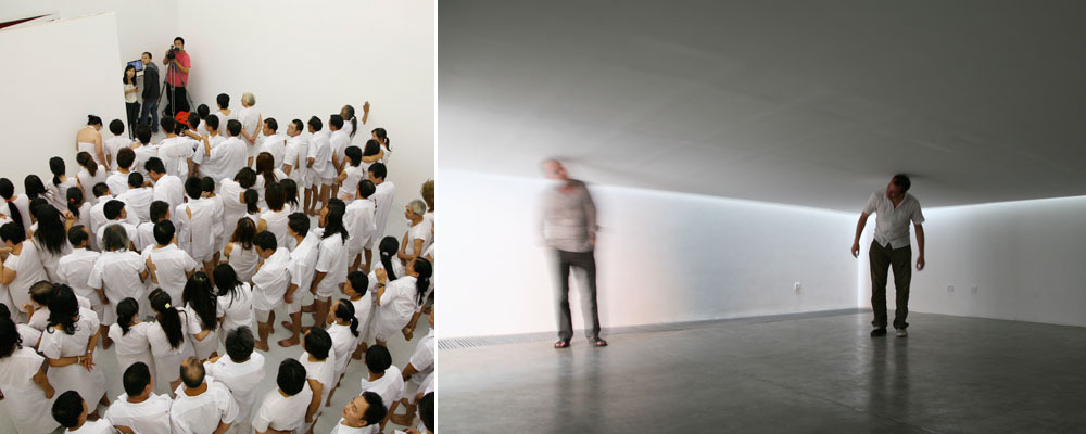 左：51平米＃12，马秋莎，《我们》，2010年9月18日，现场表演  录像（7分钟），表演现场；右：51平米＃8，辛云鹏，《不重要》，2010年6月，装置，尺寸可变，展览现场。 