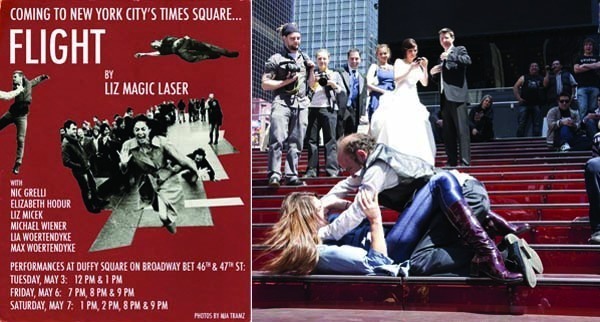 左：里兹在时代广场表演《楼梯》的海报。右： Elizabeth Hodur 和 Michael Wiener在排练。