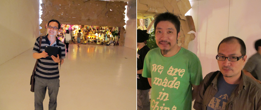 左：中央美院美术馆的策展人王春辰用微博纪录开幕现场；右：评论家鲍栋与艺术家石青。