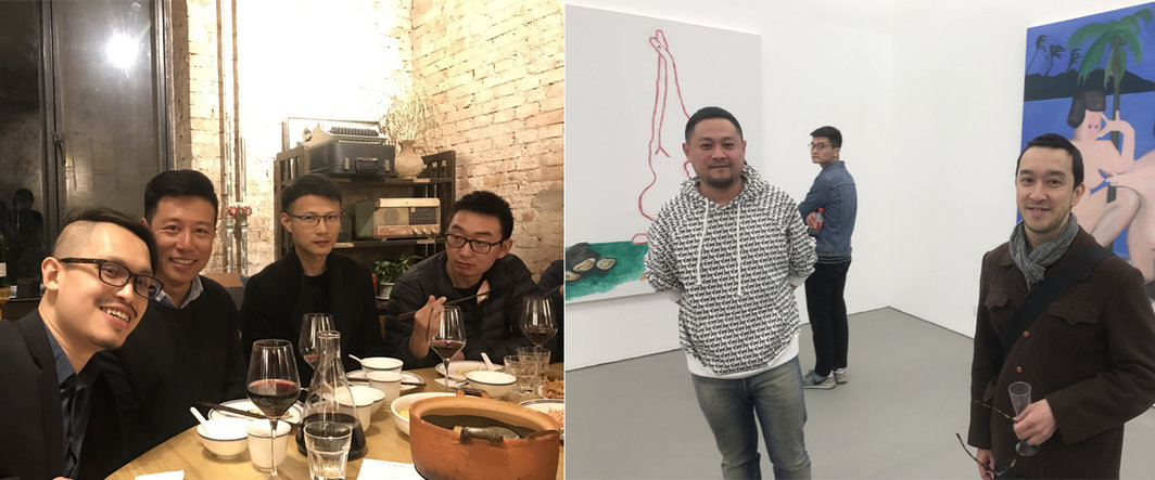 左：策展人杨紫，曾梵志工作室的姜昊，艺术家王思顺和赵要；左：艺术家武晨和策展人秦思源.