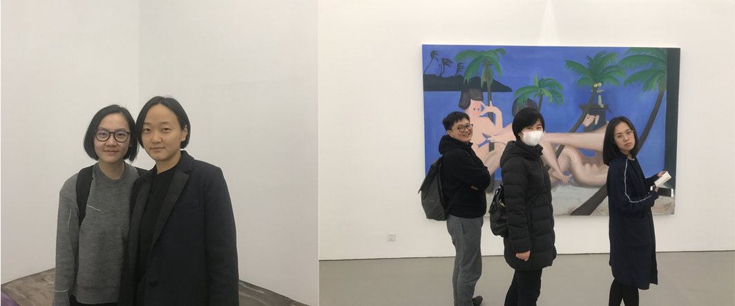 左：《艺术界》的缪子衿与艺术家沈莘；右：艺术家廖斐，Vanguard画廊的李力与天线空间的黄乐.