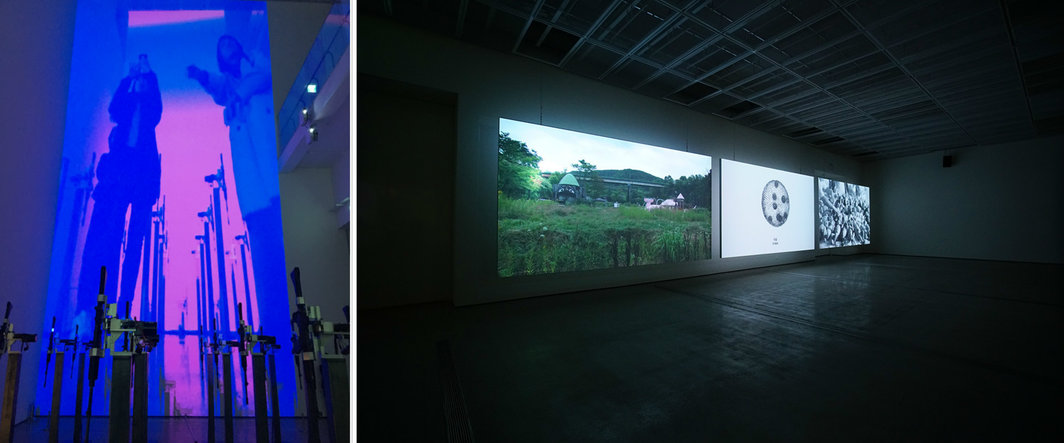 左：Kelvin Kyungkun Park，《镜子：器官 转喻的游戏》展览现场，2017；右：Song Sanghee，《重生吧，孩子》，2017，三频录像， 展览现场。右图图片来源：Korea Artist Prize.