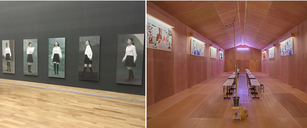 左：Sunny Kim，《穿制服的女孩》，2009-2017，布面丙烯，每张162x75cm；右：Bek Hyunjin，《失业破产离婚欠债自杀休息所》展览现场，2017。右图图片来源：Korea Artist Prize.