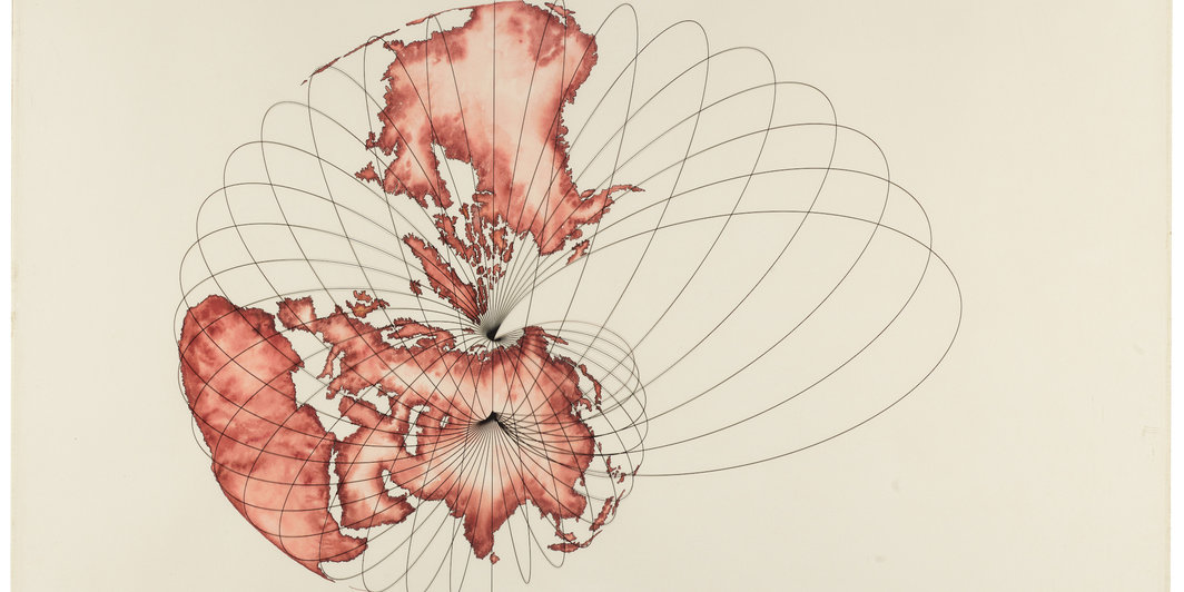 阿格妮丝·丹尼斯，《等向空间中的等轴系统——地图投影：蜗牛》，1978，水墨、布浆纸、聚酯薄膜，24 x 30”. 
