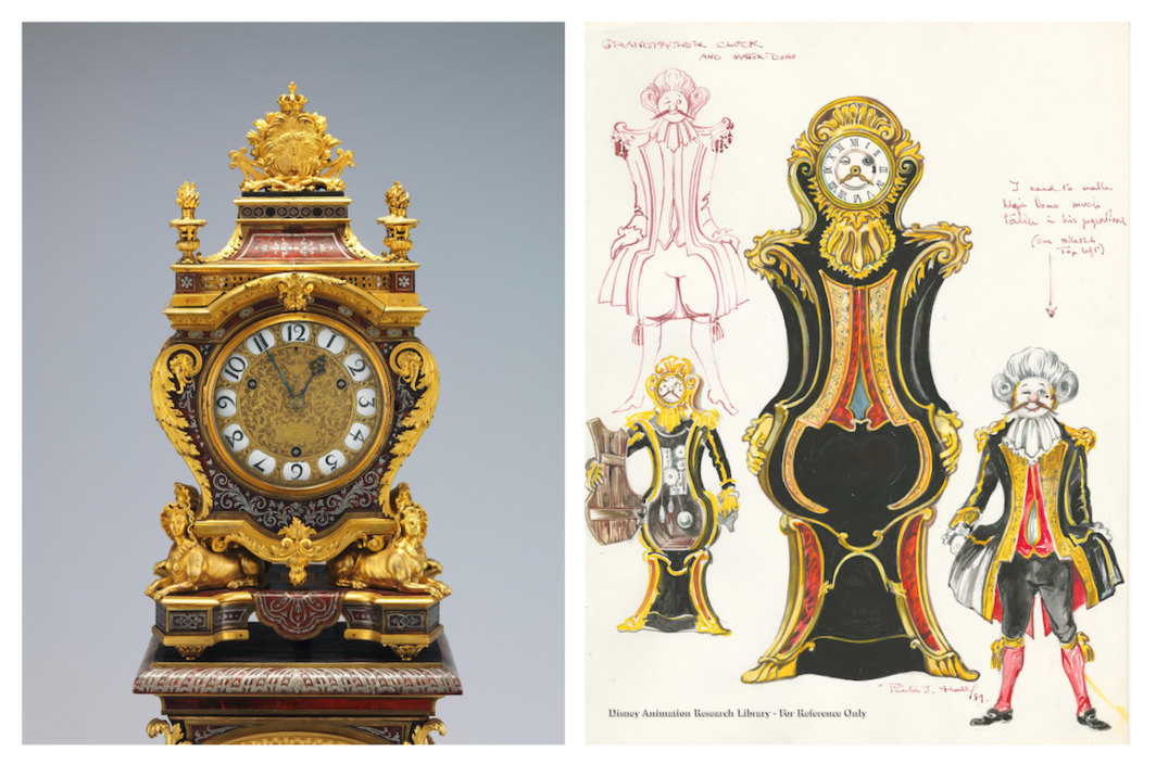 左：署名安德烈·查尔斯·布勒（André Charles Boulle）的表壳，带底座的时钟，约1690年，表壳和底座由橡木制成，上面镶嵌着玳瑁、雕刻的黄铜和紫铜；镀金的青铜；镀金的黄铜表盘上有白色珐琅的阿拉伯数字；黄铜和钢的机芯，87 1/4 x 13 3/4 x 11 3/8''.  右：彼得·J·霍尔，《美女与野兽》的设定图，1991年，纸上水彩、马克笔和石墨，23 7/8 × 18''.