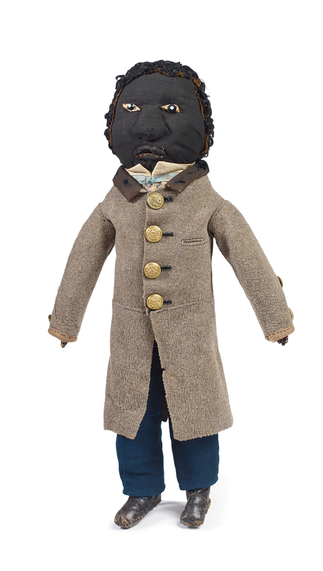 美国内战期间为联邦军募资而制作的玩偶，1860–70，织物、皮革、黄铜、玻璃，16 × 7 × 21⁄2".