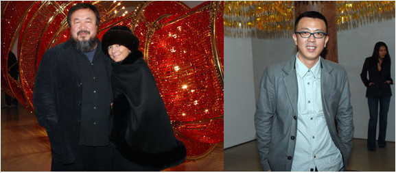 左图：艺术家艾未未和画廊家Mary Boone。右图：艺术家刘晓东
