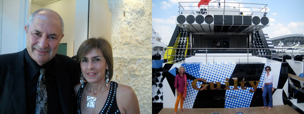 左图：收藏家Dakis Joannou 和Lietta Joannou。右图：Dakis Joannou的游艇“负罪号”。(全部摄影: Linda Yablonsky)