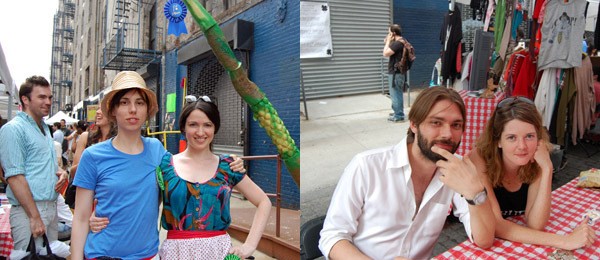 左: 艺术家Tyler Coburn, 艺术家Martha Friedman 和 Wallspace 的Jane Hait。 右: 艺术家Joshua Smith 和策展人Jennifer Teets。(摄影: Dawn Chan)