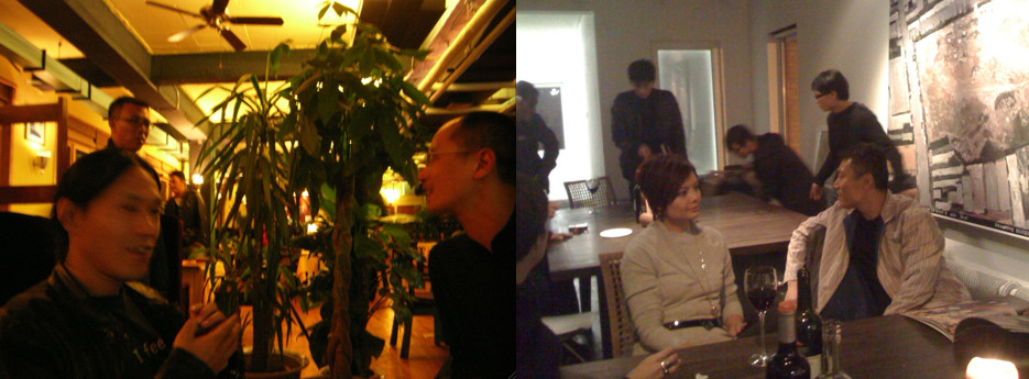 左图：艺术家余极、刘小东及邱志杰。右图：聚友网的公共关系和公司事务部总监邹倚天、前波画廊茅为清。
