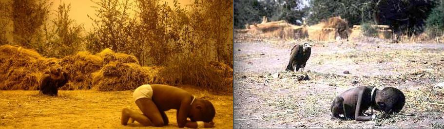 左图：徐震作品《饥饿的苏丹》现场；右图：摄影师Kevin Carter的作品《饥饿的苏丹》