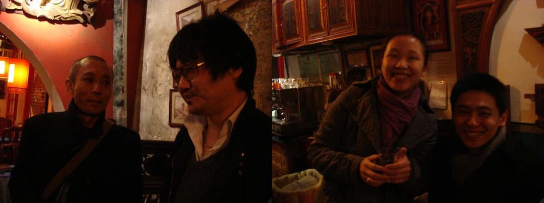 左图：艺术家李永斌和颜磊。右图：策展人卢迎华和艺术家刘鼎。