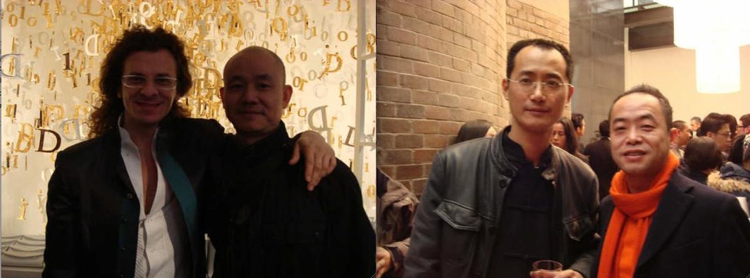 左图：常青画廊总监Lorenzo Fiaschi和艺术家刘建华。右图：艺术家邱志杰和陈文波。
