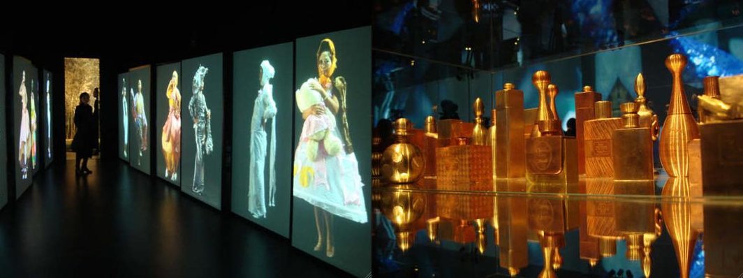 左图：《Dior与中国艺术家》展览中王功新作品。右图：《Dior与中国艺术家》展览中郑国谷作品 。