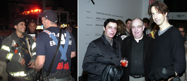 左图: X外的火警。右图: Kunsthalle Zürich 策展人Beatrix Ruf,制作人 James Mackay和艺术家Richard Phillips。