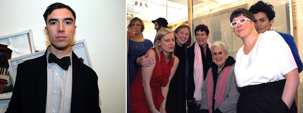 左图:艺术家Brendan Fowler。右图: 联合策展人Lauren Cornell (左) 和Roysdon 一家以及艺术家Emily Roysdon和Lawen Mohtadi。