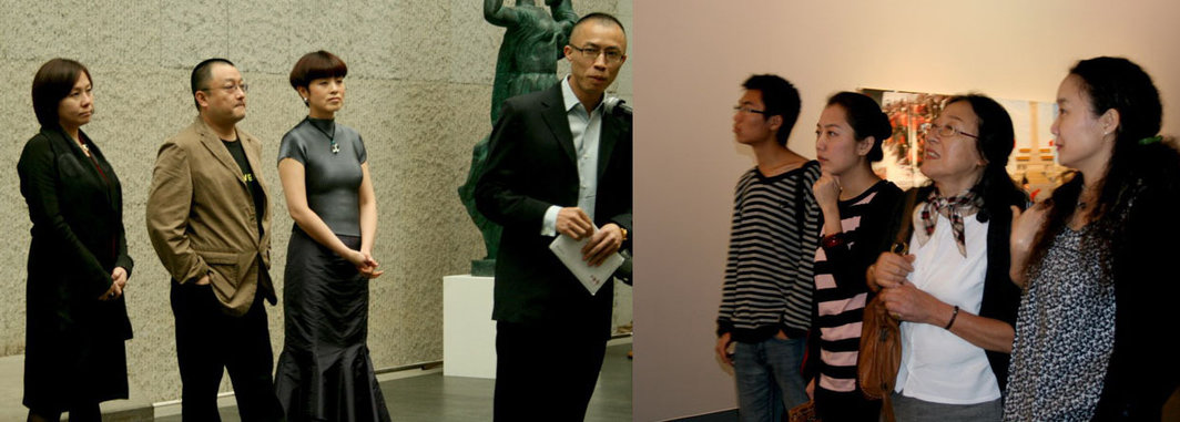 左图：策展人郭晓彦、导演王小帅、喻红、长征空间卢杰。右图：版画家郑爽（左三）和朋友。