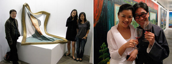 左图：奥莎画廊总监Agnes Lin, 市场经理Anne Chan, 画廊经理Carmen Ho。右图：艺术家崔岫闻和艺术经纪人Johnson Chang。