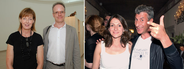 左图： Serpentine的总监Julia Peyton-Jones和画廊联合国际策展人小汉斯。 右图：作家Sarah Thornton 和艺术家Maurizio Cattelan。