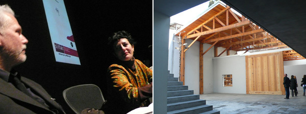 左：P.S. 1总监Klaus Biesenbach和艺术家Silvia Grune。右： Kurimanzutto画廊。（摄影：Martha Rosler)