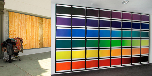 左：Jennifer Bolande，《胶合板窗帘》（Plywood Curtains, 2010），装置，加州帕萨迪纳市南湖路，尺寸可调整； 右：Olafur Eliasson，《色谱系列》（The Colour Spectrum Series, 2005），48幅彩色独幅印刷