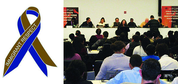 左：塔尼亚·布鲁古拉，尊重移民运动意识丝带，2011。 右：移民宣言的第一次公开阅读在联合国人权学生会议，2011年12月2日。