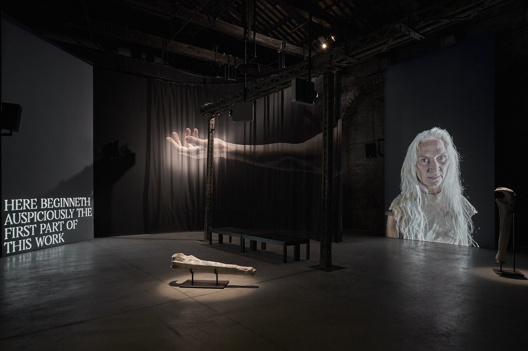 杰西·琼斯，《颤抖吧，颤抖》，2017，影像、雕塑、可移动窗帘、声光布景. 威尼斯爱尔兰馆展览现场.