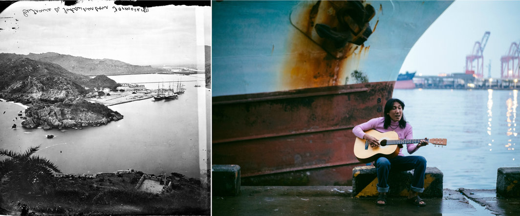 左：约翰‧汤姆生于1871年拍摄的打狗港，高雄市立美术馆典藏 ；右：蔡佳葳&amp;次仁札西‧杰塘，《高雄港渔工之歌》，2018，录像截图。高雄市立美术馆供图.