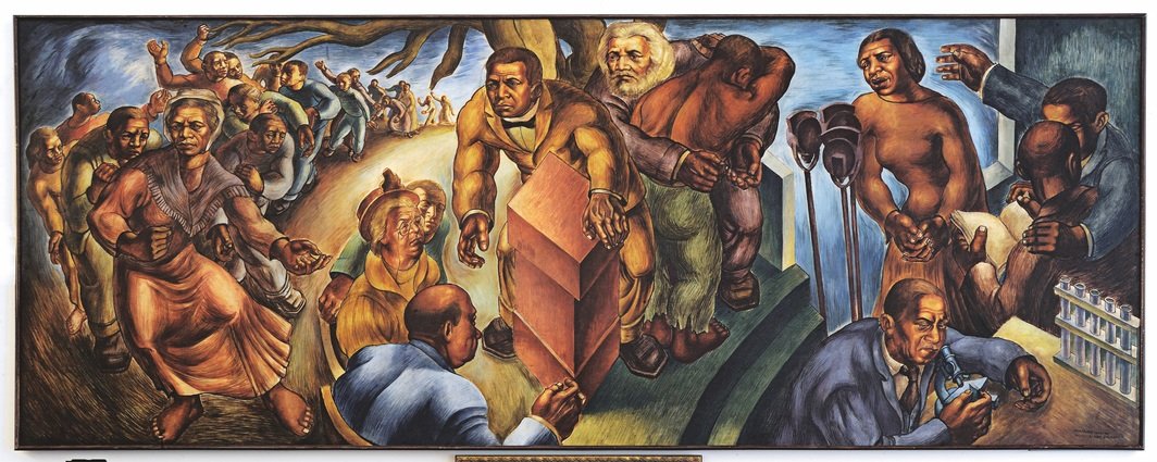 查尔斯·怀特，《五位伟大的美国黑人》，1939，布面油画，60 x 155". 图片来源：查尔斯·怀特档案馆和霍华德大学美术馆，华盛顿特区.