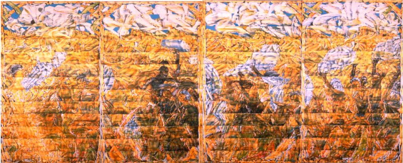 欧文·佩特林，《洛杉矶火灾》，1965–1967，布面油画，总尺寸96 x 240".
