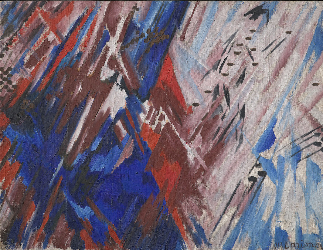 这件作品被判断为米凯尔·拉里昂诺夫（Mikhail Larionov）的《辐射主义红与蓝（海滩）》（Rayonism Red and Blue [Beach]，局部），创作于1913年，是近期接受鉴定的路德维希博物馆收藏的俄罗斯先锋派艺术画作之一.
