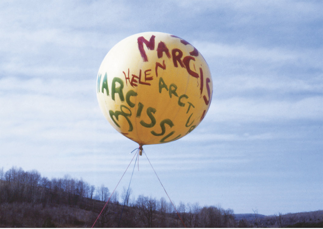罗斯玛丽·迈耶，《四月的某些天》（局部），1978，气球、氦气、颜料、布料、绳子、木棒. 纽约州哈特维克（Hartwick）展出现场.