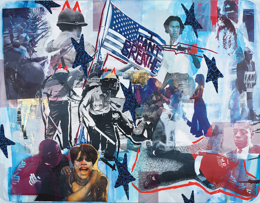 麦卡连·汤玛斯，《抵抗#2》，2021，丙烯、油画棒、莱茵石和亮片拼贴于板上画布，84 × 108”.