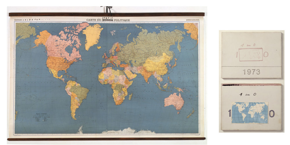 Marcel Broodthaers，《政治乌托邦地图和小绘图1或0》（Map of a Political Utopia and Small Paintings 1 or 0），1973，画布上地图和软毛笔、墨；画布上绘图和手稿，印刷、拼贴，私人收藏. ©Estate Marcel Broodthaers.