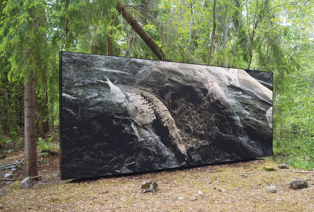皮埃尔·于热，《变种》，2021-，实时模拟环境、经过扫描的森林、生成式的变体及声音、智能摄像机、环境感应器、动物、植物、微生物，以及物质化的变体：合成及生物材料聚合体. 展览现场，基斯特弗斯美术馆雕塑公园，耶夫纳克尔，挪威. 摄影：Ola Rindal.